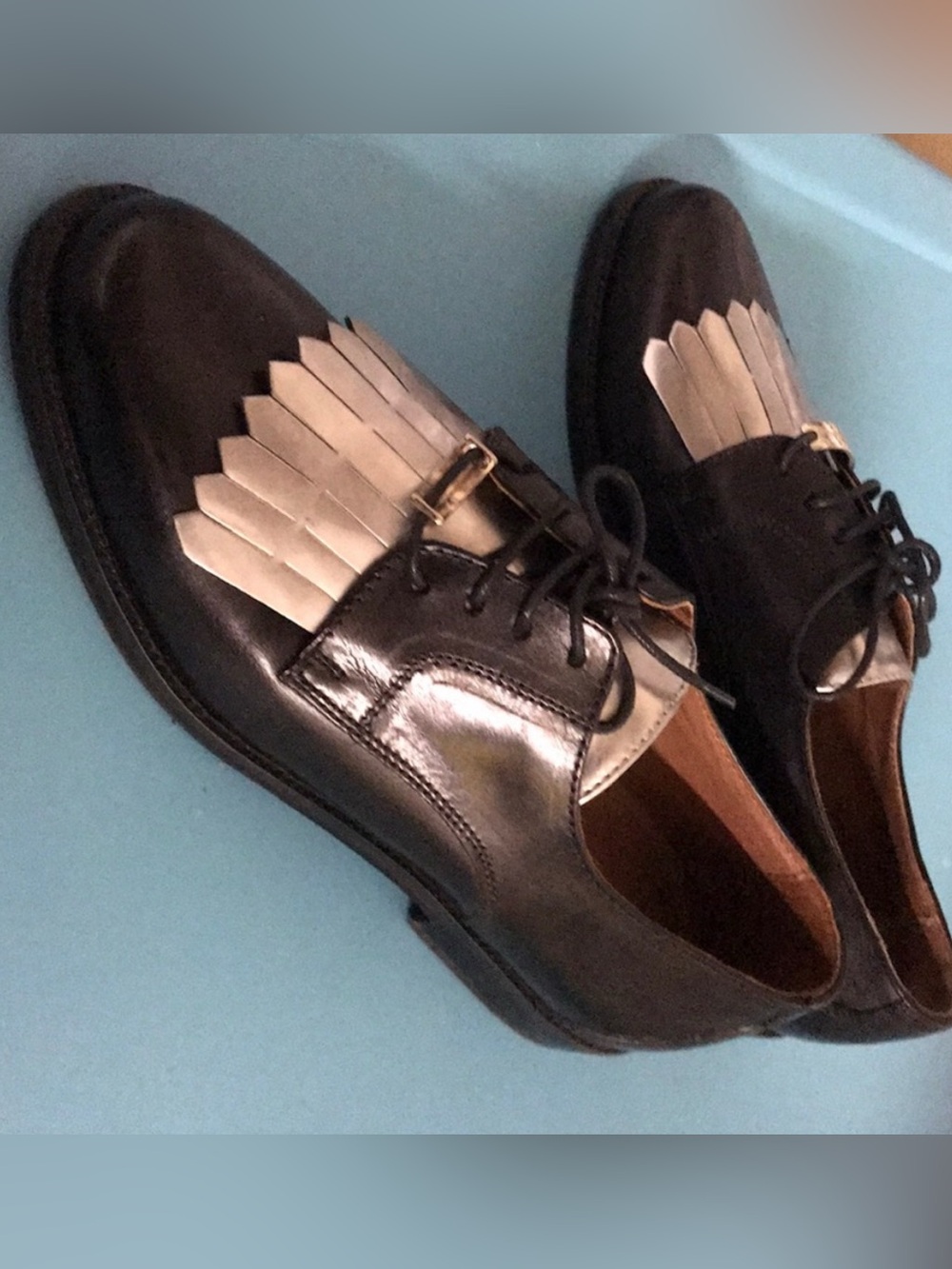 NWOB - Russell & Bromley Black with Silver Kiltie Lace-up Shoe, size EU 38